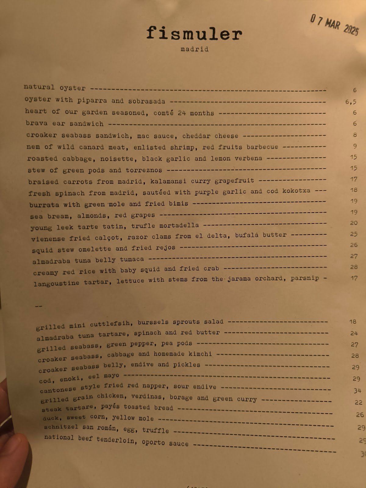 Fismuler Madrid Menu