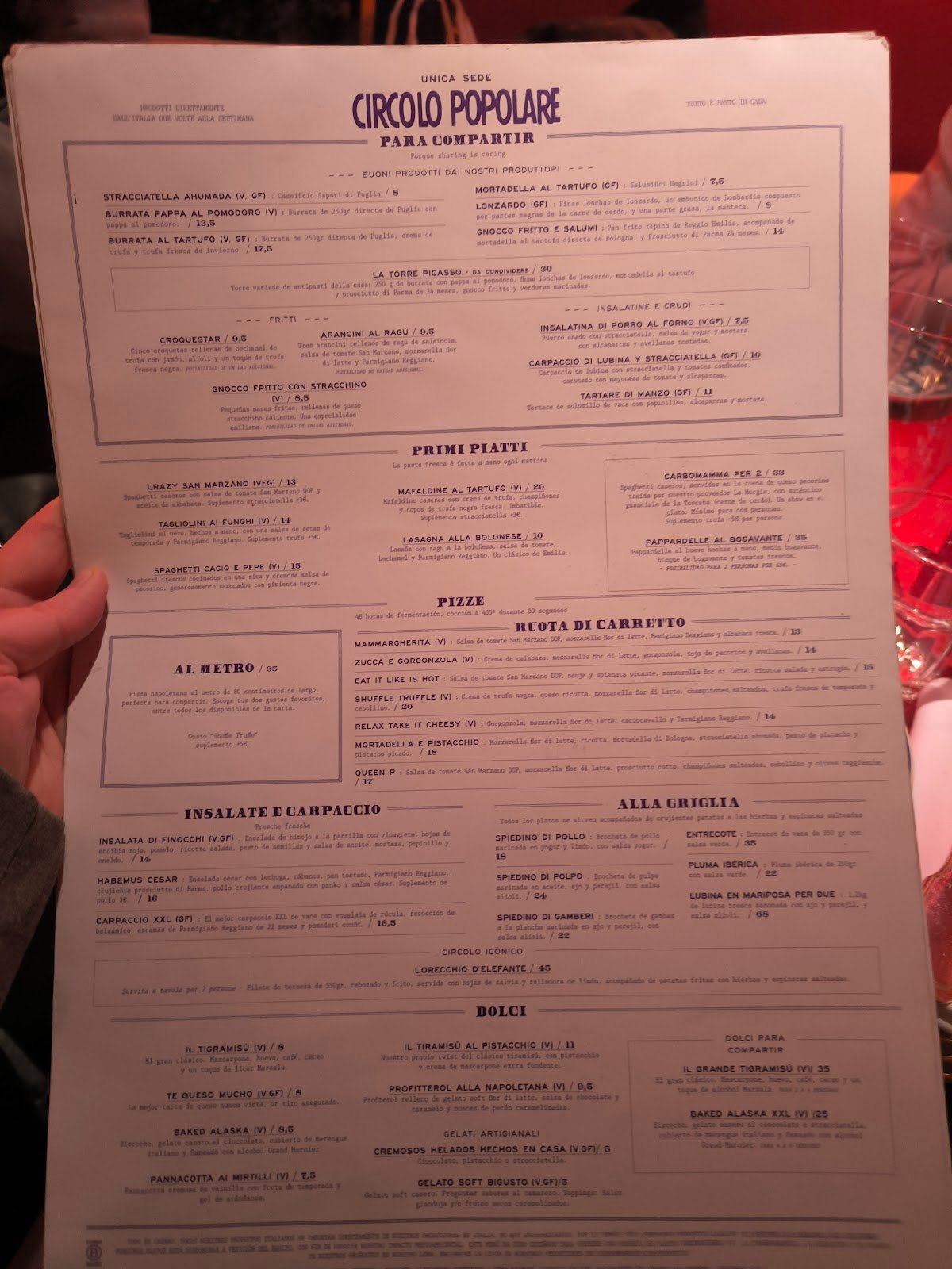 Circolo popolare madrid - menu