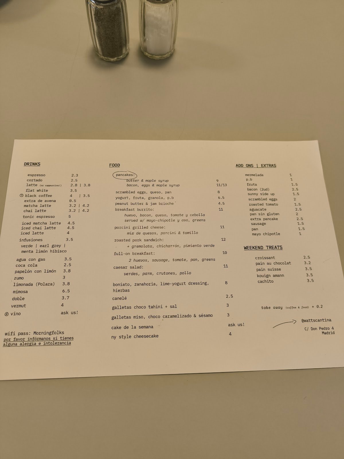 Watts Cantina menu