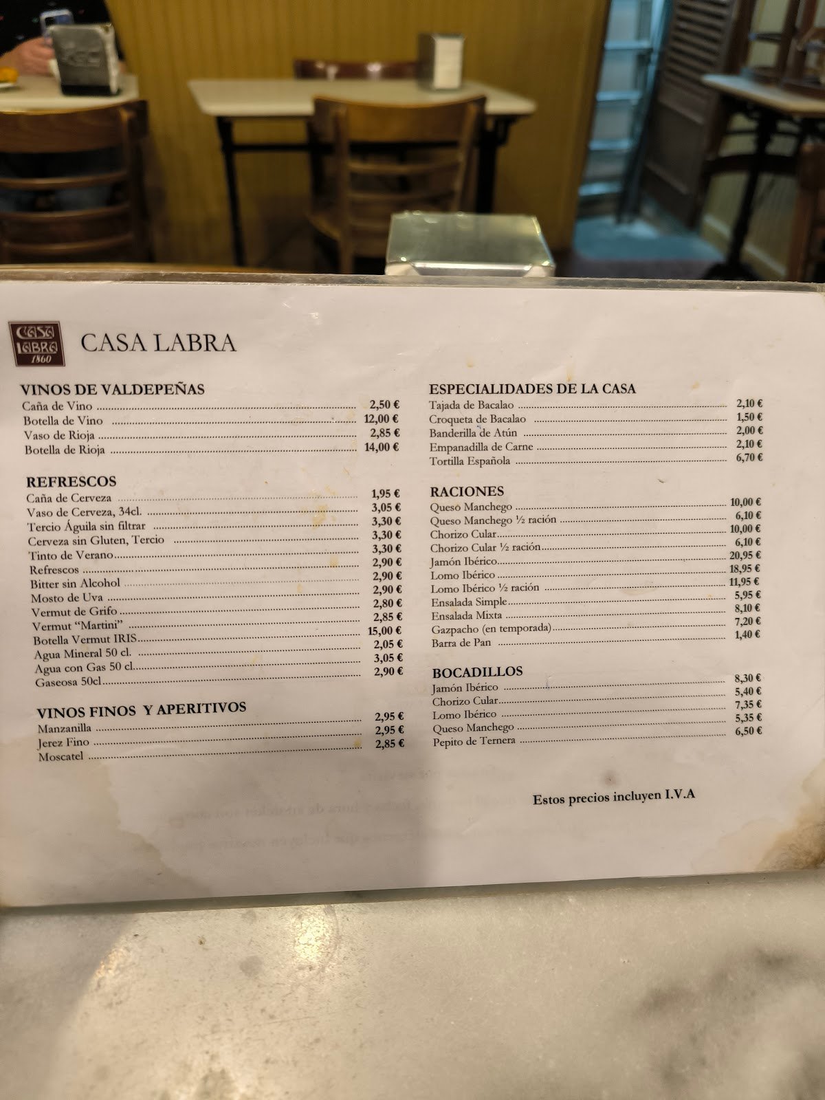 Casa Labra - Menu