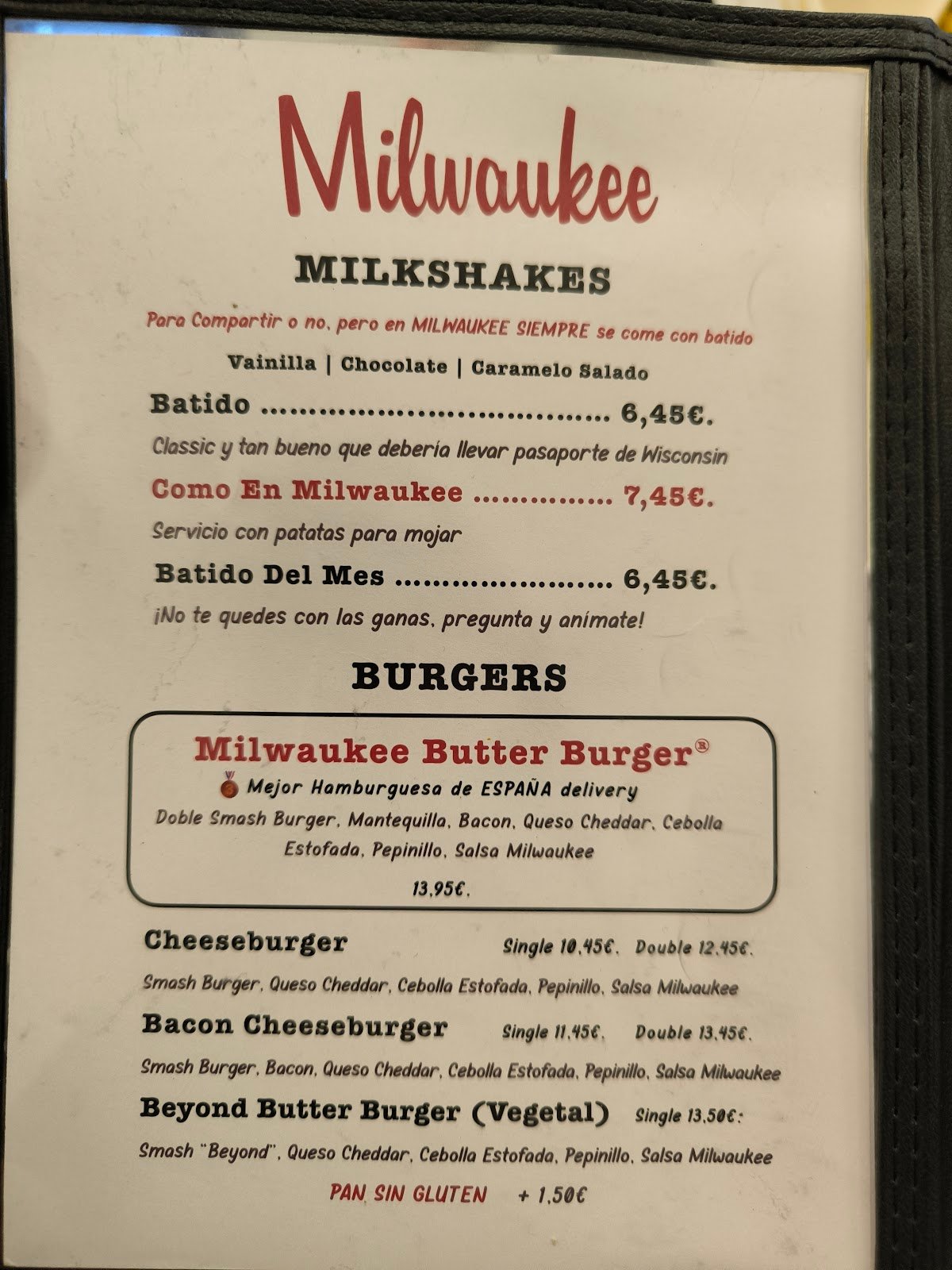 Milwaukee Burger - menu