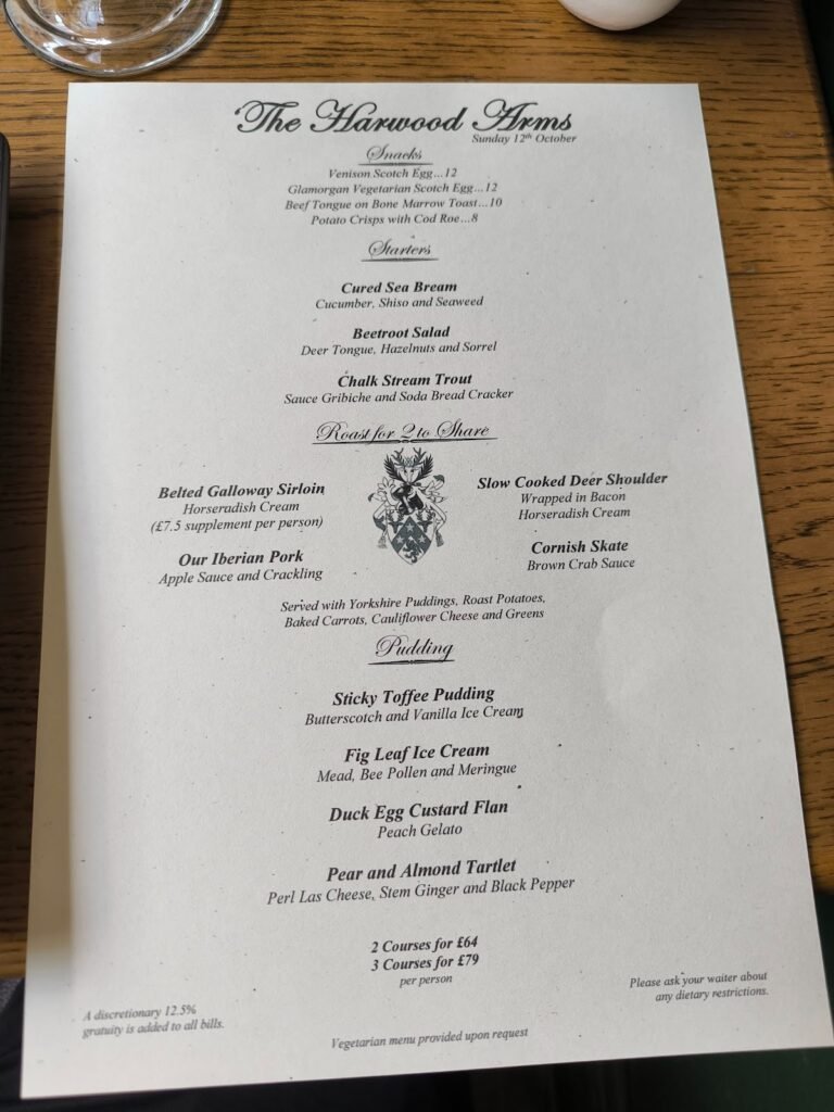 The Harwood Arms - menu