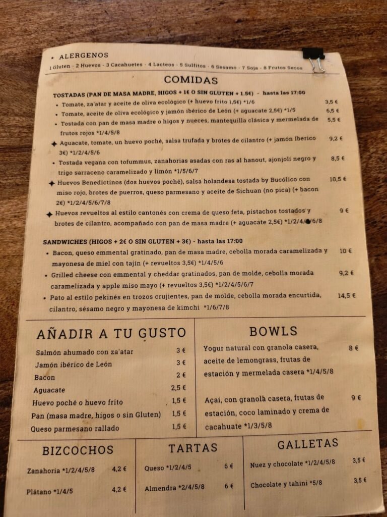 Bucólico Café - menu