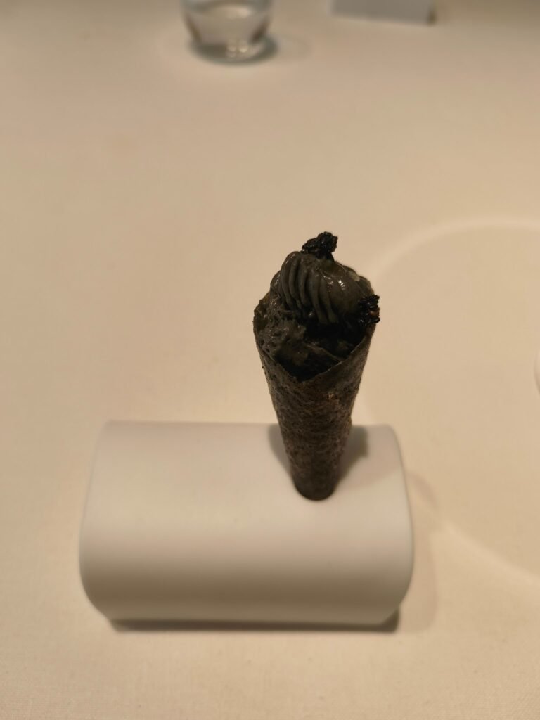 Disfrutar - Black sesame cornet with yoghurt and strawberries