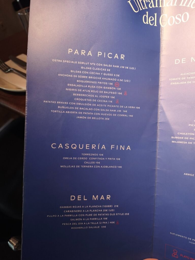 Ultramarines del Coso - menu